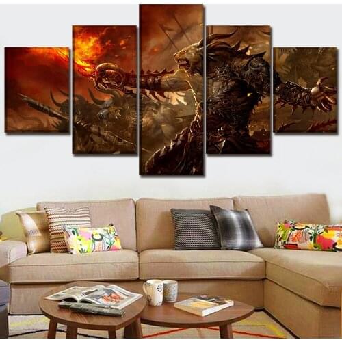Wall Art Canvas Printed Pictures 5 Pieces Game Guild Wars 2 Fire Monster War Paintings Modular Poster Home Decor Framework