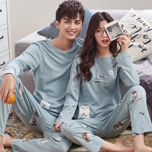 2020 New Couple Home Service Summer Long-Sleeved Trousers Cotton Pajamas Spring And Autumn Suits Can Wear Outside Ladies Nightie