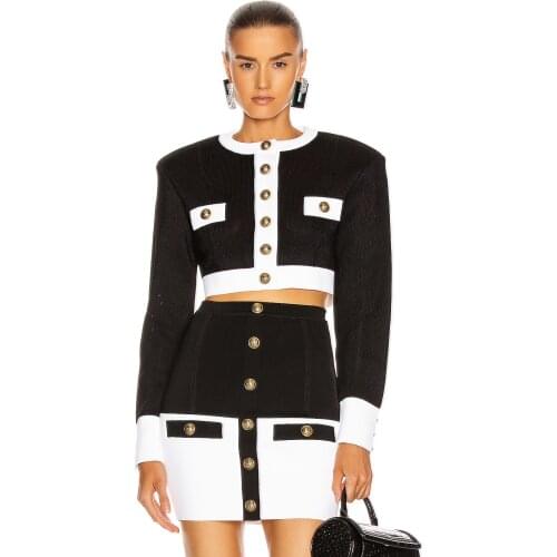 New 2020 Winter Sexy Long Sleeve Patchwork Button Black White Two Pieces Bandage Set 2021 Celebrity Designer Womens Set