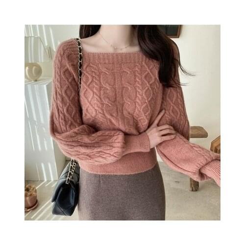 New Cashmere Tops Woman Sweater Square Collar Autumn Winter 2021 Knit Jumper Korean Fashion Pink Chic Cropped Sweater Warm