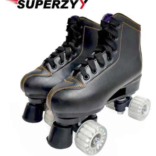 New Black White Artificial Leather Roller Skates Double Line Skates Women Adult White PU 4 Wheels Two Line Skating Shoes Patines