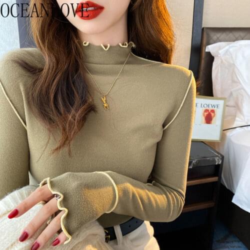 OCEANLOVE Wave Cut T Shirts Women Tops Fleece Warm Autumn Winter Stretch Slim Ropa Mujer Turtleneck 2021 Camisetas De Mujer