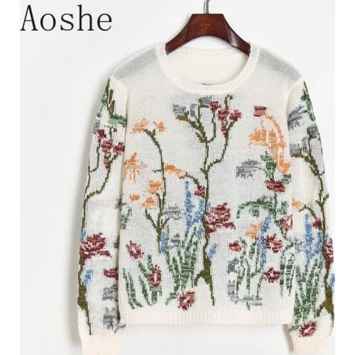 2020 Autumn Super Thin Sweater Female See Through Mohair Sweater Contrast Color Floral Jacquard Knitted Pullover Women Sweaters