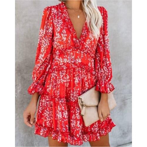 Printed V-neck long-sleeved dresses 2020 summer women wooden ear sexy dresses Summer Holiday Dress em
