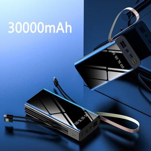 Power Bank 30000mAh Built in Cable Portable Charging Poverbank Mobile Phone External Battery Charger Powerbank for iPhone Xiaomi