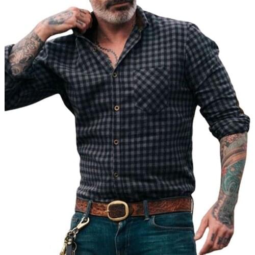 Dropshipping!! Plaid Print Men Shirt Turn-down Collar Top Long Sleeve Buttons Closure Business Shirt Male Clothing