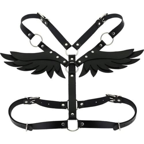 Gothic Punk Black Leather Body Harness Belt Jewelry Angel Wings Harness Women Cage Belts Waist To Leg Bondage Rave Emo Jewelry