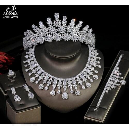 Luxury CZ Bridal 5-Piece Set Of Dubai Jewellery,ASNORA Headwear And Necklace Set For Women’s Wedding Golden Wedding Jewellery