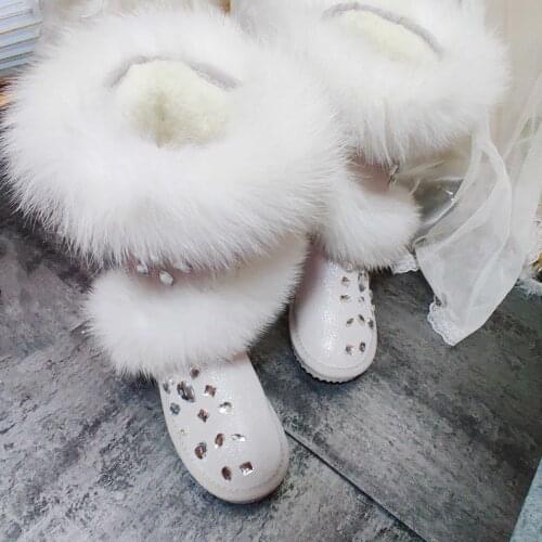 Snow boots heavy industry handmade high tube goddess pearl white oversized fox fur handmade diamond-studded cotton boots
