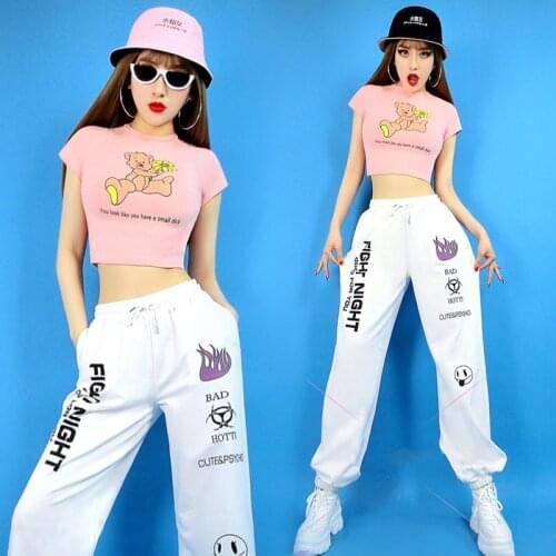 Stage Outfit Jazz Dance Costumes Girl Pink Short T-Shirt Letter Trousers Hip Hop Clothing Adults Street Dancing Wear DNV13171