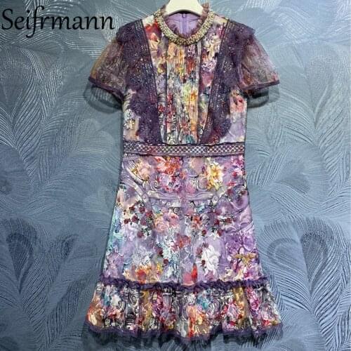 Seifrmann New 2021 Summer Women Fashion Designer Party Midi Dress Short Sleeve Lace High Waist Vintage Printed Ladies Dresses