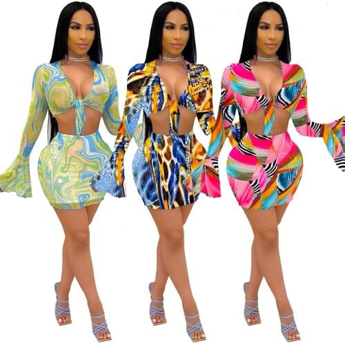 Sexy Sheer Mesh Two Piece Skirt Set Long Falre Sleeve Tie Crop Top Mini Skirt Suit Night Club Transparent Women Clothing 2021