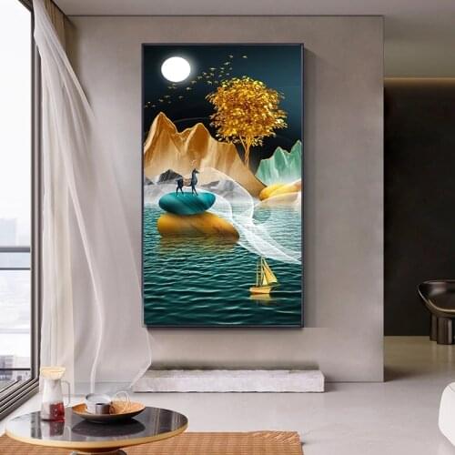Modern Abstract Landscape Art Line Porch Mural Decoration Canvas Painting Wall Pictures for Living Room Home Decor (No Frame)