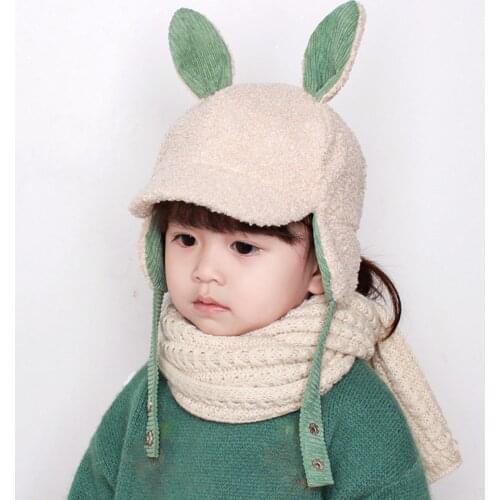 Warm Knitting Cap Soft Warm Hat Girl Winter Beanie Autumn Winter Children Fleece Rabbit Ear Pattern Cap Baby Adjustable Warm Hat