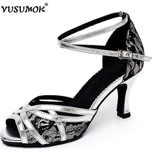 VUSUMOK Brand Modern Latin Tango Salsa Ballroom Women Dance Shoes Dancewear Ladies Party Square Lace Heels Plugs size