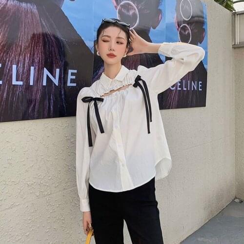 2021 Korean Fashion White Drawstring Bow Hollow Out Top Summer Women Puff Long Sleeve Loose Solid Color Blouse