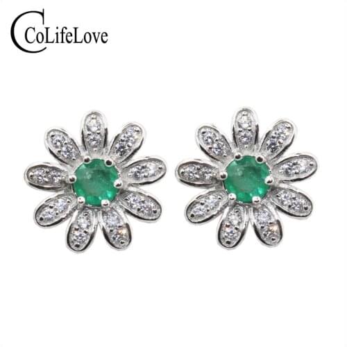 CoLife Jewelry romantic emerald flower earrings 4mm SI grade natural emerald stud earrings solid 925 silver emerald stud earring