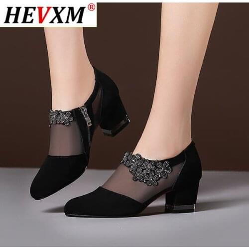 2021 Summer Women High Heel Shoes Mesh Breathable Pumps Zip Pointed Toe Thick Heels Fashion Female Dress Elegant Footwear