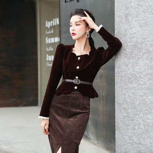 New Winter Velvet Wave Pattern Square Collar Women Elegant Single Breasted Coat Suit + Hight Waist Split Long Skirt 2 Pices Set