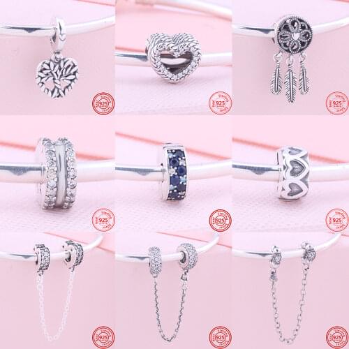 Fit Original Pandora Charms Bracelets Women Jewelry 100% 925 Sterling Silver Safety Chains Hollow Love Feather Dangle Clip Beads