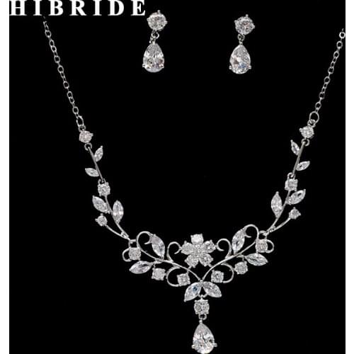 HIBRIDE Beautiful Flower Clear Cubic Zircon Pendant Women Wedding Necklace Earring Set Jewelry Sets Dress Accessories N-270
