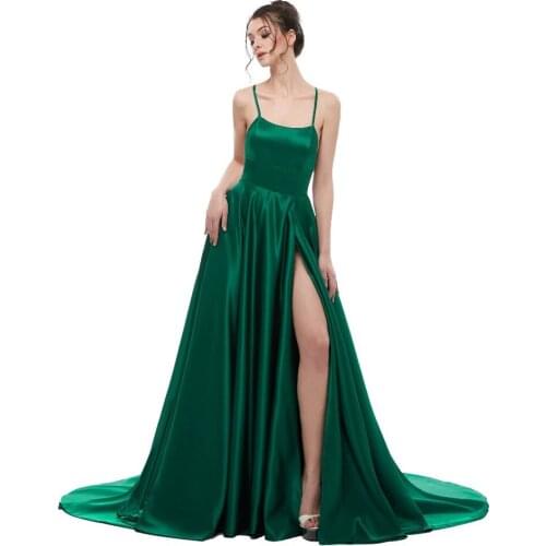 Spring 2019 Evening Dress Sexy Backless Spaghetti Strap Front Split Long Banquet Party Dresses Sweep Train Robe De Soiree