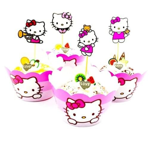 12PCS/lot KT Cat Theme Girls Favors Happy Birthday Wrappers Decoration Baby Shower Party Supplies Cupcake Toppers Cake