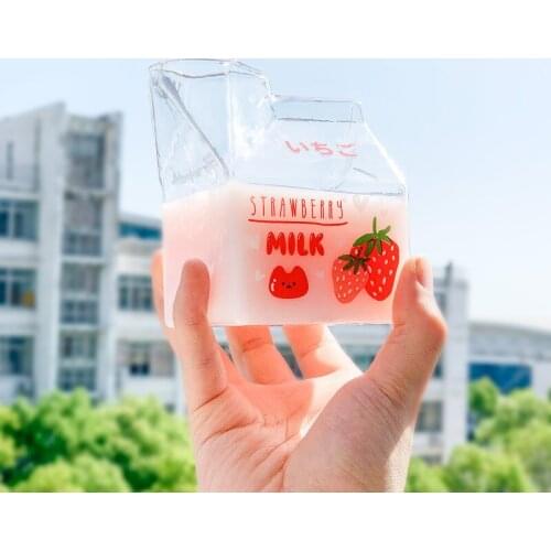380ml Kawaii Strawberry Glass Water Cup Drinkware Cute Square Clear Wine Milk Carton Juice Wholesale Breakfast Cups For Girl