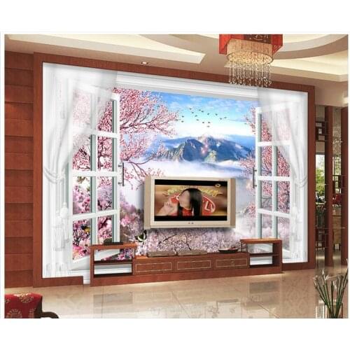 3d photo wallpaper custom 3d murals wallpaper wall paper Jiangnan water 3d Windows peach blossom TV setting wall home decoration