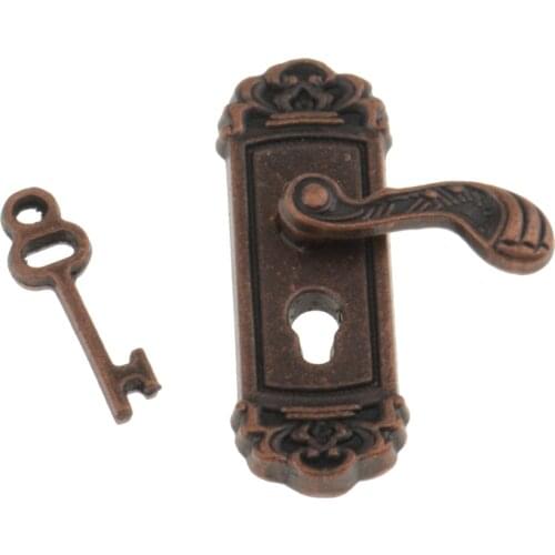 12th Metal Door Handle Right Knob Plate & Key Set Doll House Miniature 4PCS