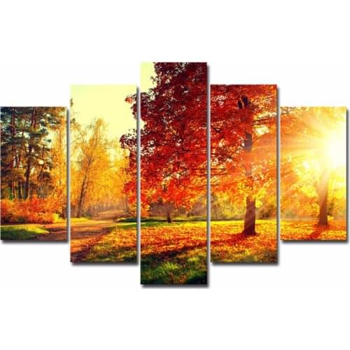 5 Panels Waterproof Canvas Painting Autumn Forest Maple Leaves Print Home Wall Hanging Art Oil Prints Pictures Modular Poster
