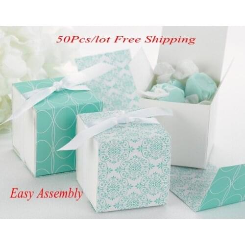 50Pcs/lot) Perfect Wedding gift box of Reversible Aqua Damask Wrap Boxes For Party Favor box and Candy box