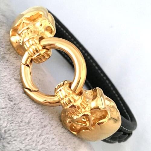 Titanium Steel Skull Head Bracelets Genuine Leather Bracelet Homme Charms Cuff Bracelet Wristband Punk Men Jewelry Dropshipping