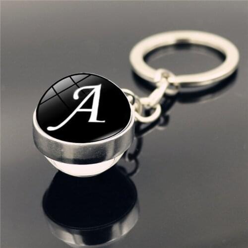 Classic Black A-Z 26 English Letters Keychain Simple Initial Name Double Side Art Photo Glass Ball Key Ring Holder Birthday Gift