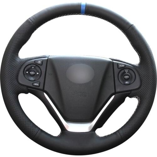 Black Natural Leather Blue Marker Car Steering Wheel Cover for Honda CRV CR-V 2012-2015