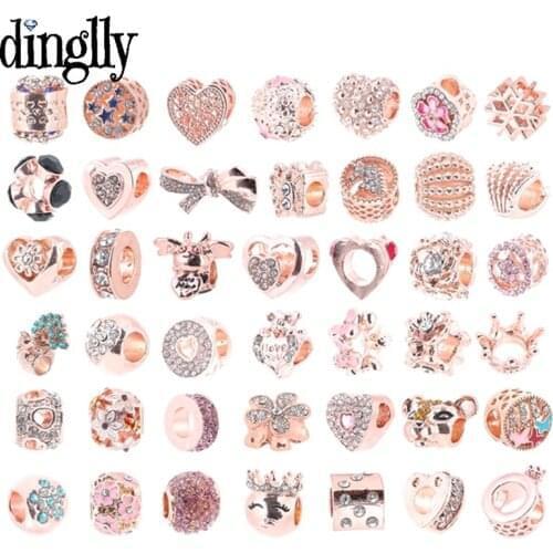 Dinglly Rose Gold Heart Lion Beads Bow Bee Charm Fit Bracelet & Necklace For Women Snake Bone Bracelet & Bangle Accessory Beaded