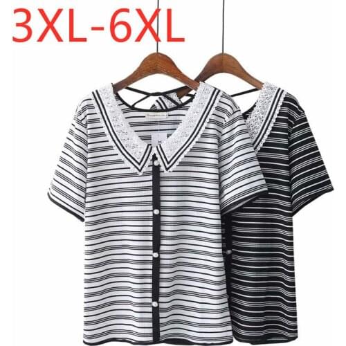 New 2021 Ladies Summer Plus Size Tops For Women Large Short Sleeve Loose Cotton Black White Lace Stripe T-Shirt 3XL 4XL 5XL 6XL