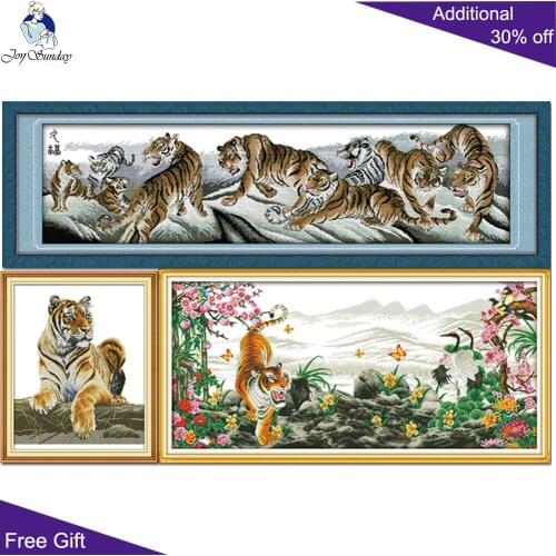 Joy Sunday Tiger Cross Stitch D576D593D693(2) Home Decor Nine Tigers Painting Tigers Howl With The Rise Animal Cross Stitch Kits