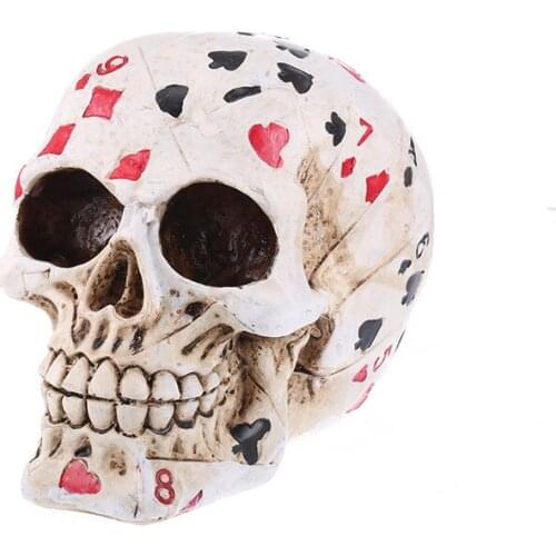 Poker Face Tattoo Skull Gambling Skeleton Sculpture Ace Cards Halloween Horror Decoration Skull Gambler Playing Cards Figurine
