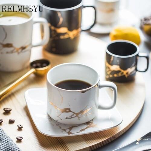 RELMHSYU European Style Ceramic Golden Marbled Coffee Water Milk Mug Household Small Luxury Cup And Saucer Set Houdehold
