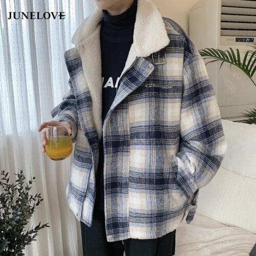 JuneLove Stand-Up Collar Jacket New Retro Plaid Print Coat Plus Velvet Liner Tooling Loose Casual Warm Women Winter Outerwear