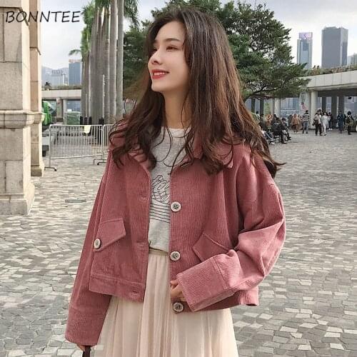 New Basic Jackets Women Pink Sweet Pockets Students Ulzzang Cropped Single Breasted BF Retro Solid Buttons Trendy Soft Loose Ins