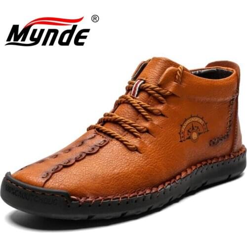 Mynde 2019 Warm Leather Men Boots Winter Fur Snow Boots Men Winter Work Casual Shoes High Top Rubber Ankle Boots Big Size 38-48