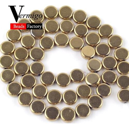 Natural Smooth Golds Plated Hematite Stone Flat Round Beads for Jewelry Making 6/8/10mm Spacer Loose Beads Diy Bracelets 15"
