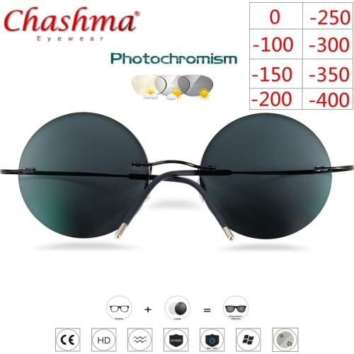 Titanium Rimless Glasses Myopia Glasses Photochromic glasses Men Women Chameleon Glasses Lens with Diopters -1.0 1.5 2.0 2.5 3.0