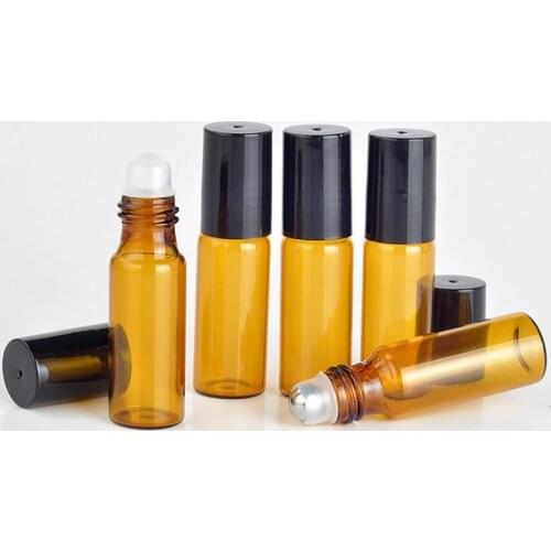 Wholesale 5ML Amber Roll On Portable Glass Refillable Perfume Bottle Empty Essential Oil Case With Plastic Cap LX1311