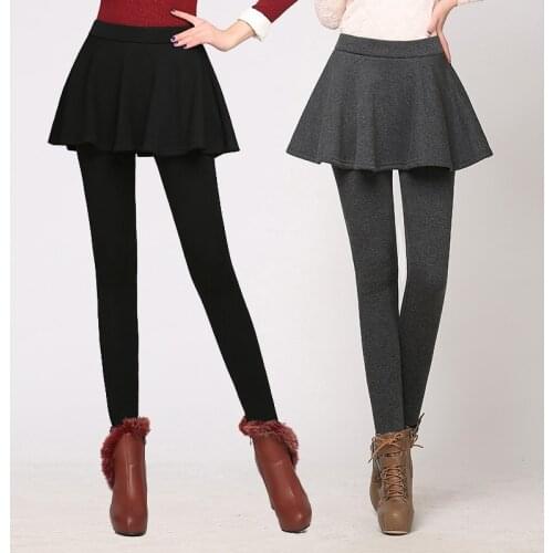 Autumn Winter Plus Velvet Thick Fake Two-piece Leggings Pants Pleat Skirt Women High Waist Long Pants