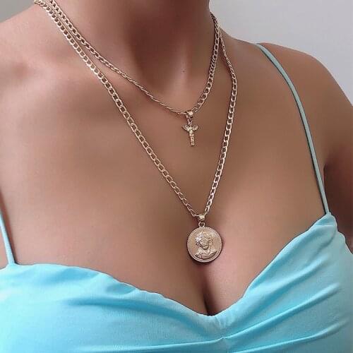 2 Pcs/Set Fashion Gold Multi-layer Angel Pendant Necklace for Women Vintage Portrait Chunky Chain Necklace Jewelry Accessories