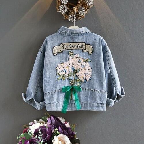Girls Long Sleeve Flowers Embroidery Regular Design Loose Fit Bow Tie Decor Casual Jeans Coats New Autumn Washed Jeans Jackets