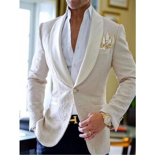 Custom Made Groomsmen Beige Pattern and Navy Blue Groom Tuxedos Shawl Lapel Men Suits Wedding Best Man ( Jacket+Pants+Tie ) D75